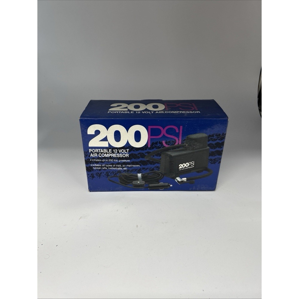 portable 12-volt air compressor box labeled with 200 PSI capacity
